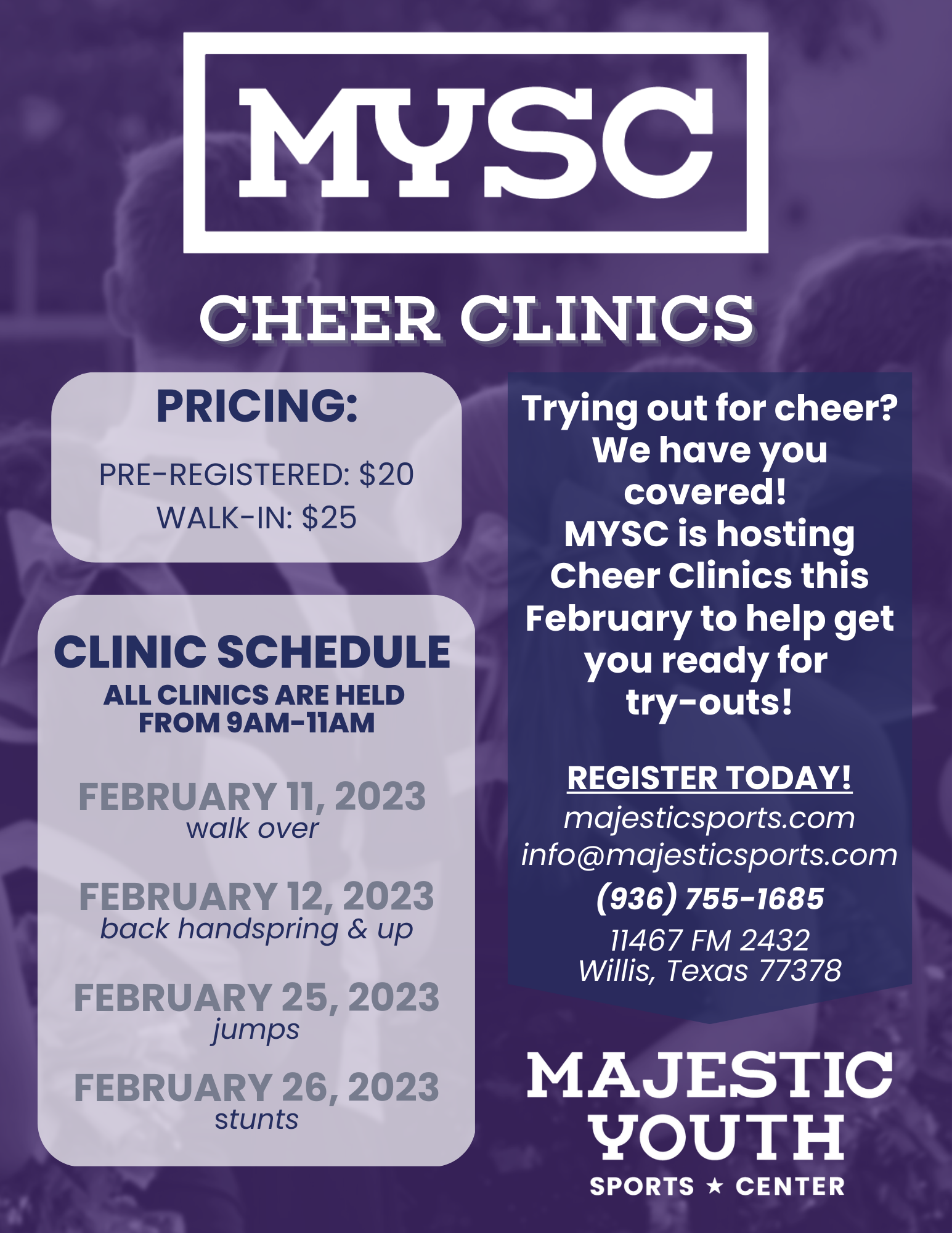 Trying out for Cheer? We have you covered! MYSC is hosting Cheer Clinics this February to help get ready for try-outs!