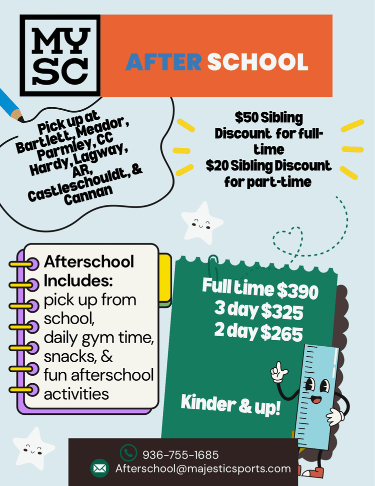 Majestic after school program flyer with pricing and pickup schools